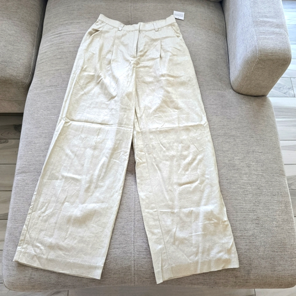House Of Harlow Cream Shimmer Wide-Leg Linen Blend Pleated Wide Leg Pants Sz M